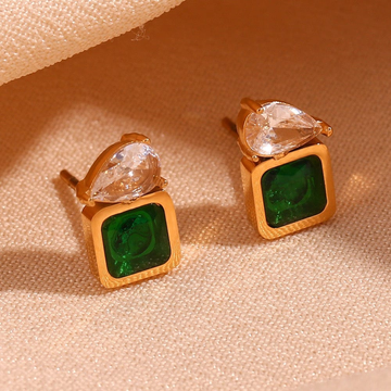 Premium Stainless Steel Green Square Stone Stud Earrings with Crystal – Elegant Women Jewelry