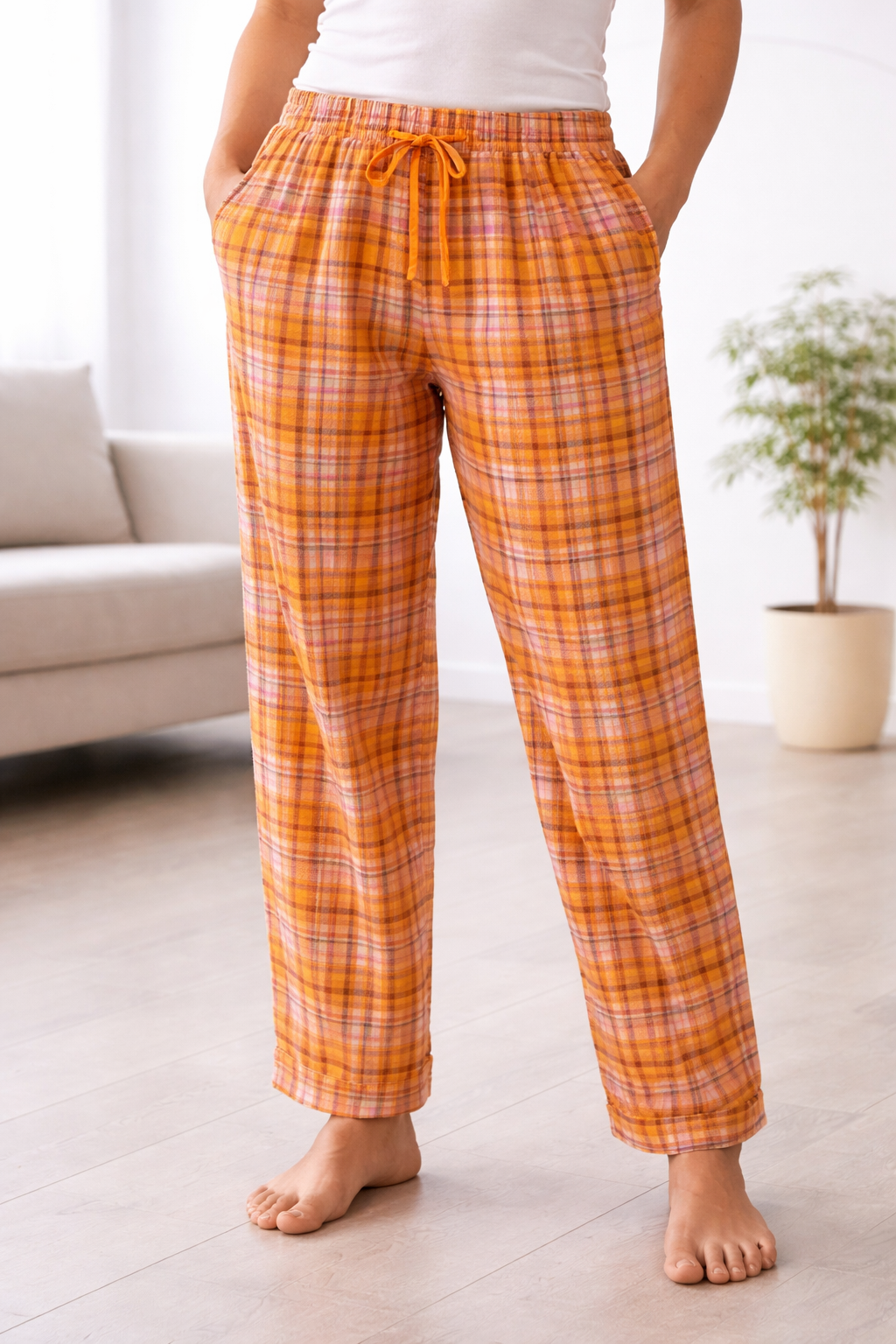 Women’s Casual Elastic Waist Checked Trousers Soft Comfort Lounge Pants