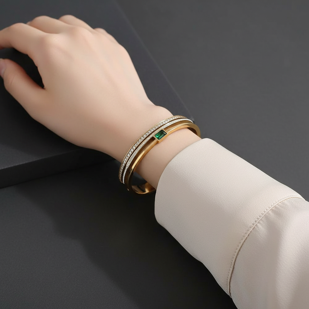 Premium Stainless Steel Artificial Bangle with Green Stone & Crystal Detailing (Non-Tarnish)