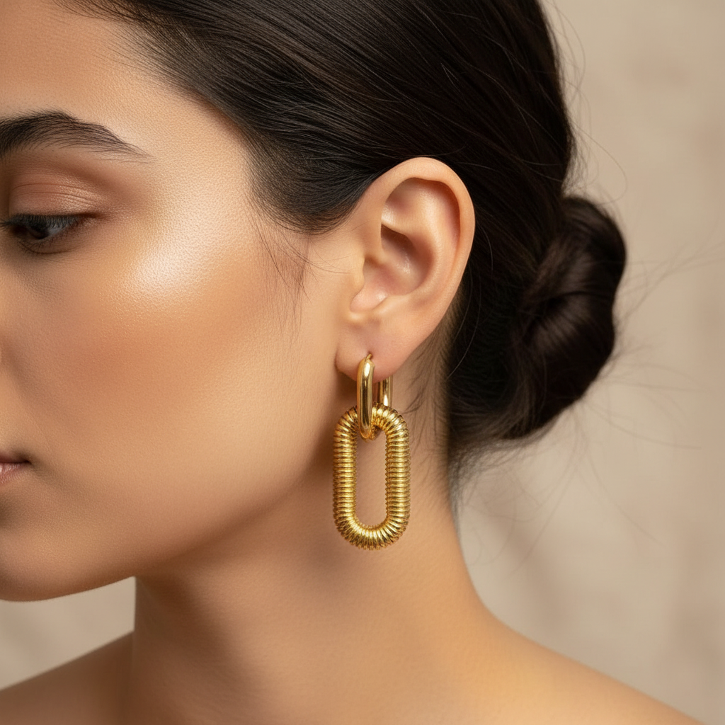 Premium Stainless Steel Chain Link Hoop Earrings – Gold-Tone Statement Earrings for Women