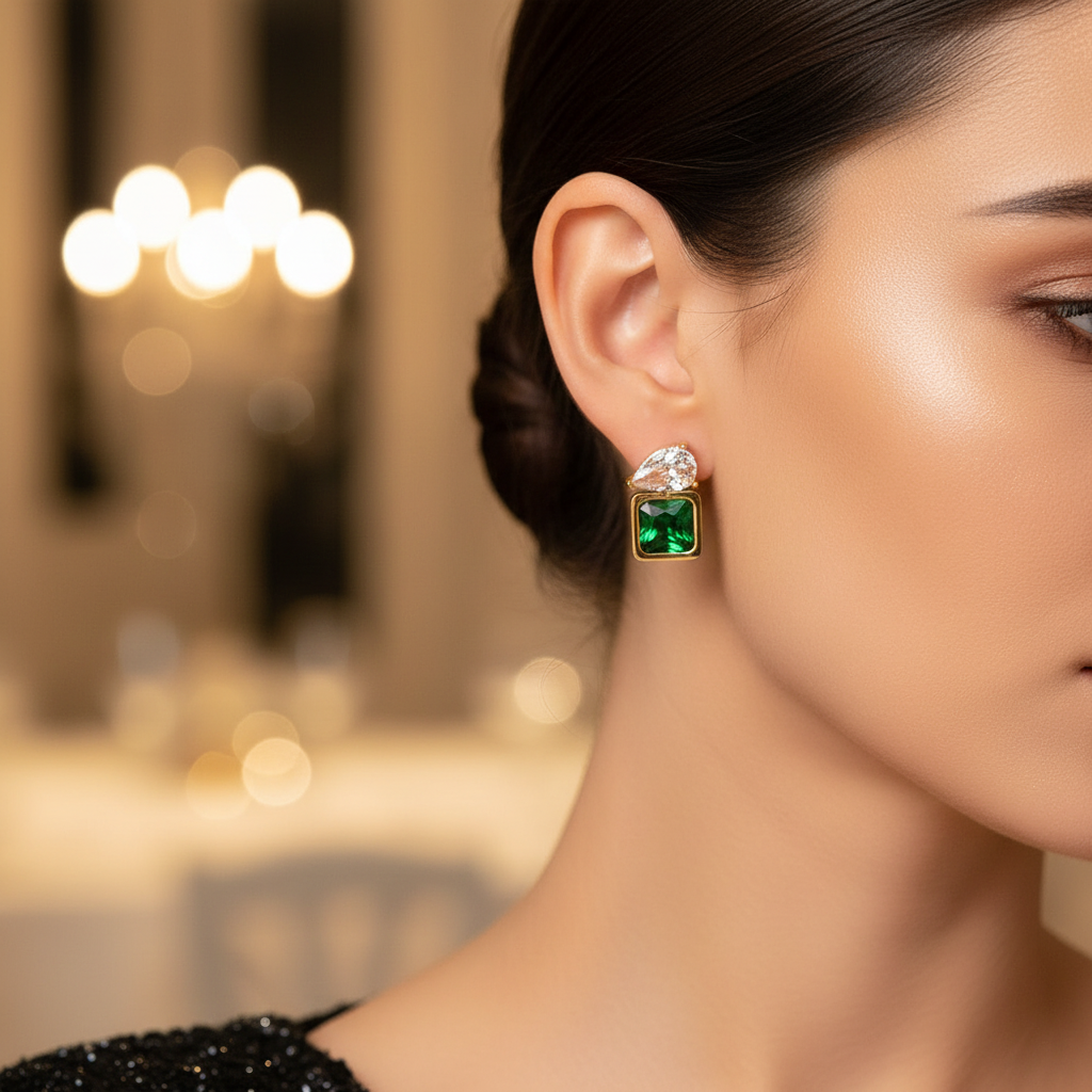 Premium Stainless Steel Green Square Stone Stud Earrings with Crystal – Elegant Women Jewelry