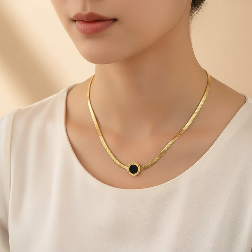 Premium Stainless Steel Roman Dial Black Pendant Chain – Elegant Necklace